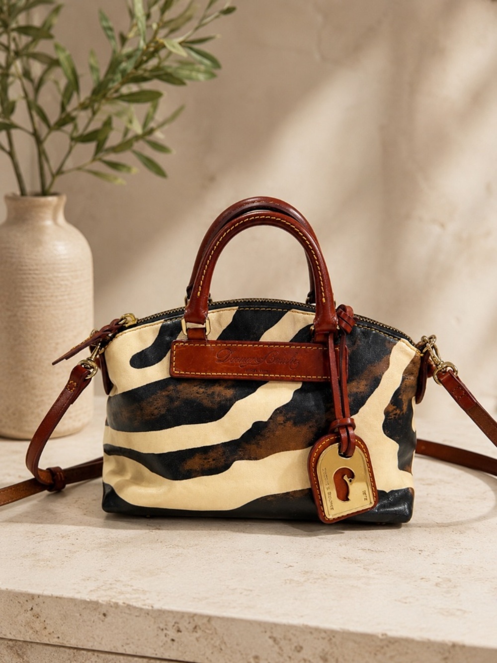 Vintage Dooney & Bourke Florentine Vacchetta Leather Zebra Mini Satchel Bag